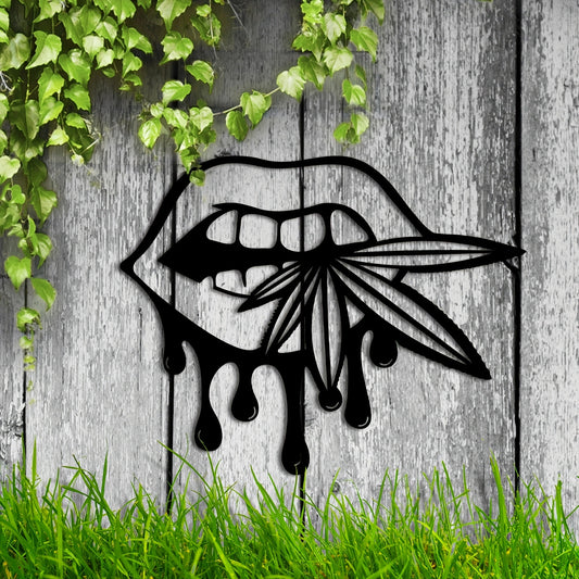 Bold and Bewitching: Black Metal Art Lips Bitting Weed Leaf Halloween Décor – A Striking Hanging Pendant for Garden, Living Room, Bedroom, and Balcony