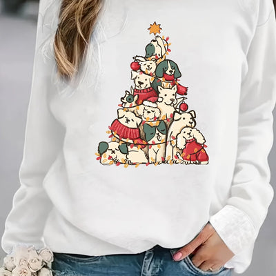 Festive Furry Friends: Christmas Dog Tree Print Sweatshirt – A Cozy Women's Casual Long Sleeve Crew Neck Sweatshirt