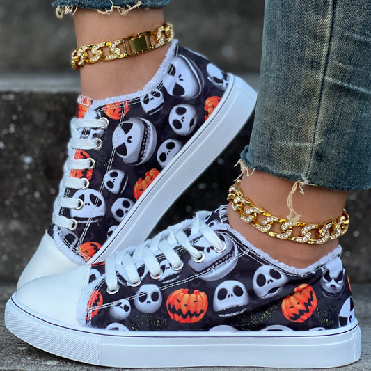 Womens Skull Pumpkin Pattern Canvas Shoes: Spooky and Stylish Halloween Footwear for Women