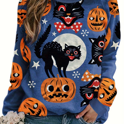 Halloween Horror Cat & Pumpkin Print Long Sleeve, Pullover Sweatshirt, Casual Tops For Fall & Winter, Women's Clothing, Halloween Sweatshirt