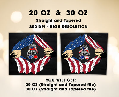 20 oz & 30 oz Skinny Tumbler Sublimation Designs, American Flag Love Messy Bun Black Hair Tumbler - PNG Digital Download