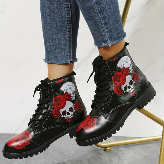 Stylish and Edgy: Women's Rose Skull Print Short Boots – Comfortable Closed Toe Lace-up Ankle Boots for Fashion-forward Women