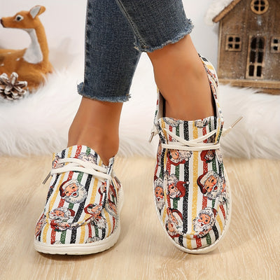 Holiday Cheer: Women's Santa Claus Striped Pattern Sneakers – Christmas Low-Top Flat Loafers for Casual Style and Comfort