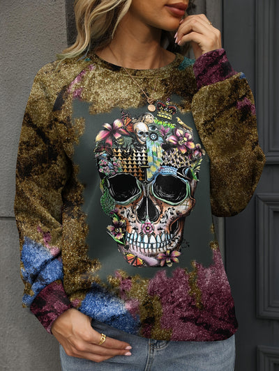 Halloween Shinny Floral & Skull Print Long Sleeve Round Neck Slight Stretch Pullover Top, Plus size halloween casual sweatshirt, Women's Clothing