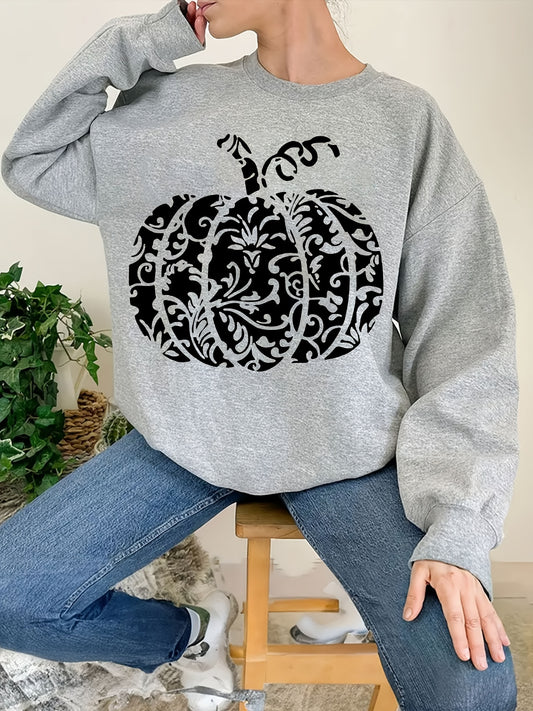 Halloween Pumpkin Pattern Sweatshirt: Spooky and Stylish Crew Neck Long Sleeve for Women