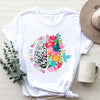 Colorful Floral & Brain Print Crew Neck T-shirt, Casual Short Sleeve T-shirt For Spring & Summer, Women's Clothing