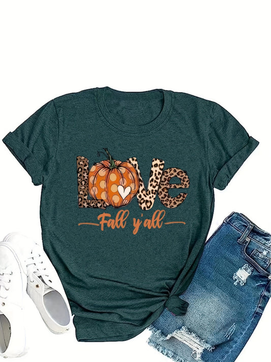 This stylish crew neck T-shirt is the perfect piece for transitioning into spring and summer. It's made from a lightweight material and features a bold pumpkin and leopard print for a unique and eye-catching look. The comfortable fit makes it ideal for everyday wear.