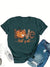 Pumpkin & Leopard Print Crew Neck T-Shirt, Casual Short Sleeve Top For Spring & Summer, Women's Clothing
