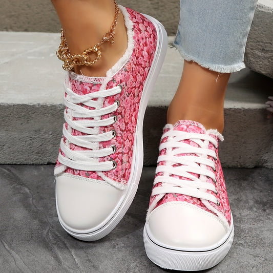 Pink Floral Print Canvas Shoes, Casual Lace Up Outdoor Sneakers, Comfortable Low Top Shoes