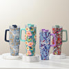 40oz Floral Pattern Tumbler With Lid And Straw, Stainless Steel Thermal Water Bottle With Handle, The Perfect Gift for Any Occasion