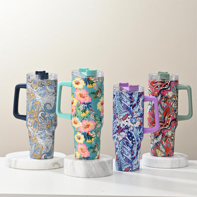 40oz Floral Pattern Tumbler With Lid And Straw, Stainless Steel Thermal Water Bottle With Handle, The Perfect Gift for Any Occasion