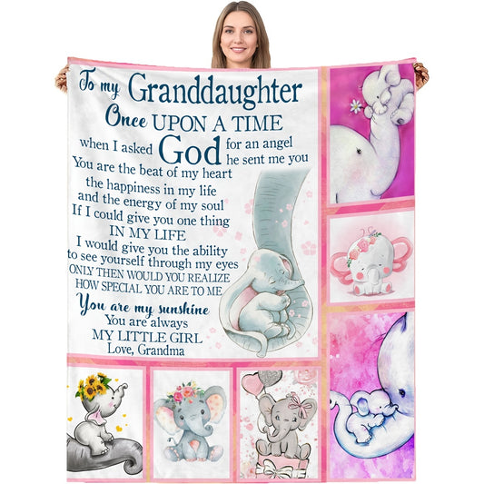 This soft throw blanket is the perfect addition to any home. It features a cartoon elephant pattern, and the words "To My Granddaughter" embroidered in the corner. Created with 100% flannel, this warm & cozy blanket is sure to keep you comfortable throughout the day.