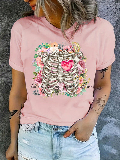 Skeleton Flower and Heart Graphic Tee: Embrace Summer Style with Casual Sports T-Shirts for Women