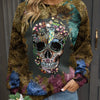 Halloween Shinny Floral & Skull Print Long Sleeve Round Neck Slight Stretch Pullover Top, Plus size halloween casual sweatshirt, Women's Clothing