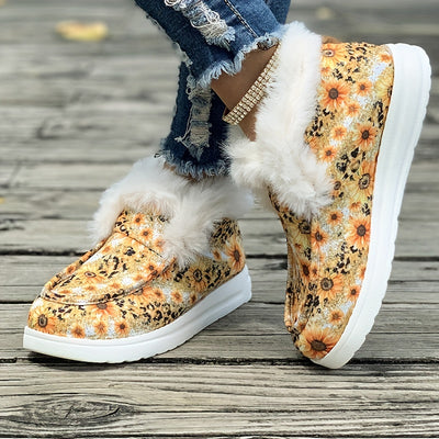 Cozy and Stylish: Sunflower Leopard Print Plush Lined Furry Boat Shoes - Your Perfect Fall and Winter Warmth Companion!
