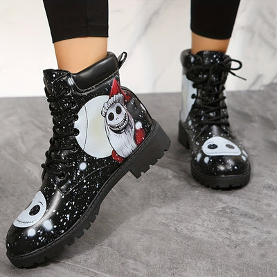 Wickedly Chic: Women's Ghost Face Printed Combat Boots for Halloween