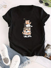 Stylish and Casual: Women's Cat Print Crew Neck T-Shirt - A Must-Have for Spring/Summer Fashion!