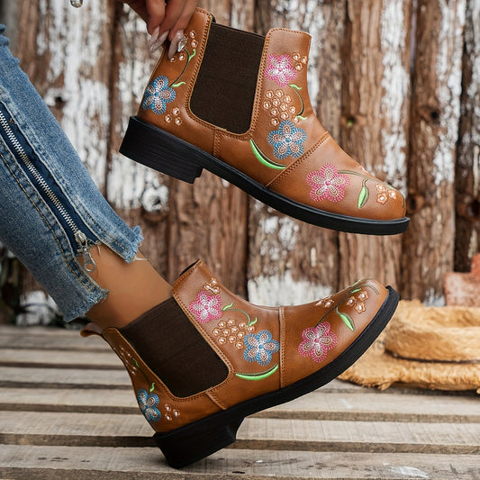 Stylish and Comfortable Women's Flower Embroidery Ankle Boots: Slip-On Chelsea Boots with Comfy Stretch and Round Toe Design