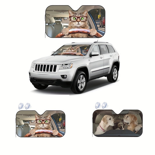 Show your personality with this pet-themed car windshield sunshade. It features a stylish purple eyelash design with a playful cat and glasses print, perfect for sedans, trucks, and SUVs. Keep your car cool and stylish.