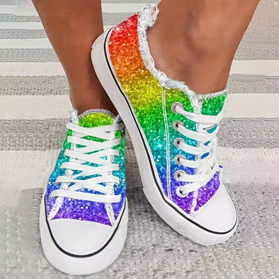 Step out in style and comfort with these low top canvas shoes for women. Featuring a glitter rainbow design, they are the perfect combination of eye-catching style and comfort for your outdoor activities. The canvas and rubber sole provide durability and cushioning to keep your feet in comfort.