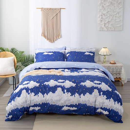 The Sky and Cloud Blue and White Bedding Set provides superior comfort and a soft feel for a restful night's sleep. The 3-piece duvet cover set is crafted with durable, lightweight fabric, making it ideal for master bedrooms or guest rooms. The set includes a duvet cover and two pillowcases without a duvet core, ensuring optimal coziness.
