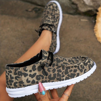 Women's Flat Canvas Shoes with Leopard Style, Lightweight Low Top Lace Up Shoes, Women's Casual Walking Shoes