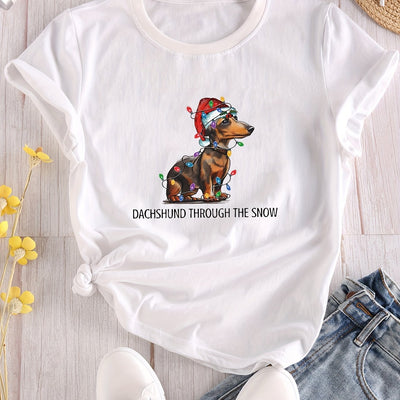 Casual Christmas Dog Print Crew Neck T-Shirt: A Stylish and Playful Addition to Your Spring/Summer Wardrobe