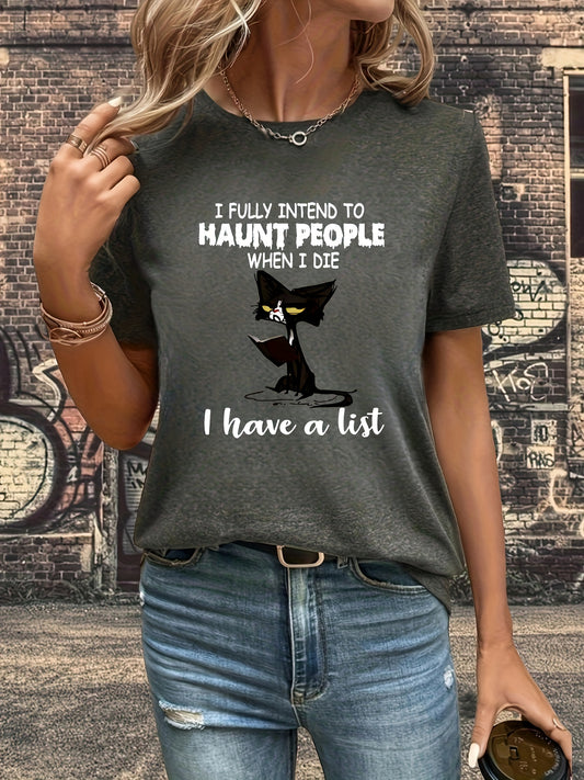 This stylish black cat print t-shirt is crafted from a breathable cotton and spandex blend for a comfortable fit. Its unique print is designed to be eye-catching yet versatile, making it an excellent addition to any wardrobe. Perfect for both everyday wear and special occasions.