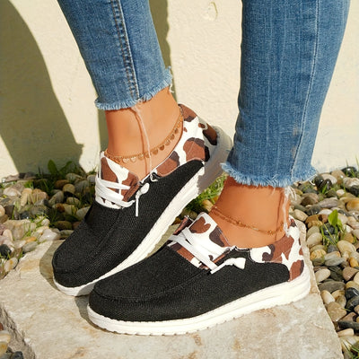 Trendy Cow Pattern Women's Canvas Shoes - Comfortable Lace Up Outdoor Shoes for Casual Wear