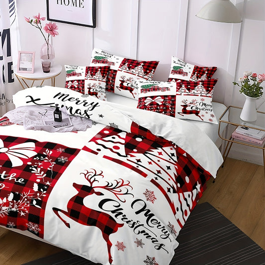 Cozy Christmas Elk Print Duvet Cover Set: Soft, Comfortable, and Breathable Bedding for Bedroom, Guest Room, or Dorm