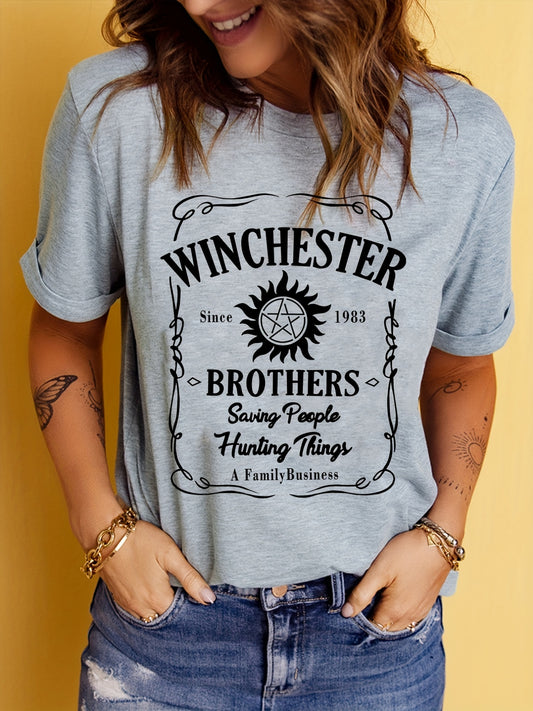 Letter Winchester Print Graphic T-Shirt, Short Sleeve Crew Neck Casual Top For Spring & Summer, Women's Clothing