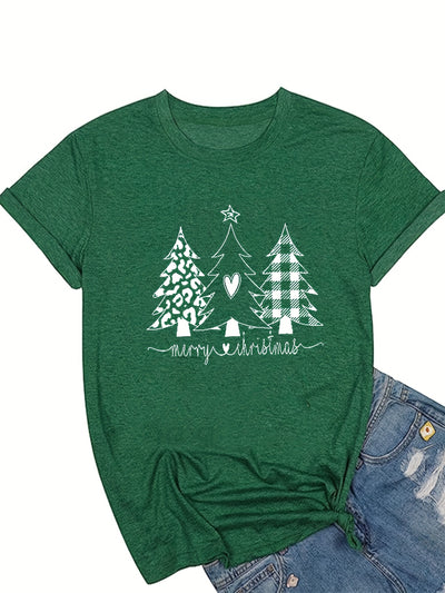 Festive Flair: Christmas Tree Print Crew Neck T-Shirt – A Stylish Casual Staple for Women's Spring/Summer Wardrobe