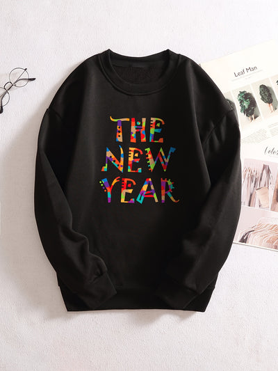 The New Year Print Long Sleeve Sweatshirt, Crew Neck Pullover Tops For Winter, Women's Clothing