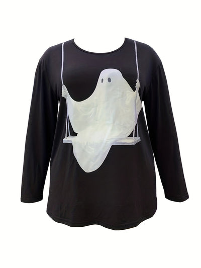 CUTE GHOST AND CANDLE PRINT PLUS-SIZE HALLOWEEN SWEATSHIRT: STYLISH AND COMFORTABLE WITH A SLIGHT STRETCH