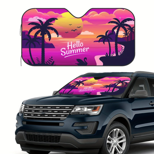 Keep your car cool and stylish with the Summer Vibes Windshield Car Sun Shade. Featuring a beautiful beach sunset and a coconut tree design, this sun shade is capable of blocking 99% of the sun's damaging UV rays, so you can stay cool and comfortable while driving.