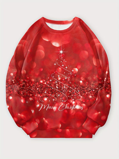 Glittering Festive Charm: Women's Plus Size Christmas Casual Sweatshirt with Glitter Christmas Tree Slogan Print