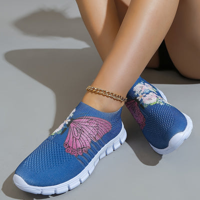 Stylish and Comfortable Women's Butterfly & Flower Print Sneakers: Lightweight Slip-On Shoes for Casual and Outdoor Wear