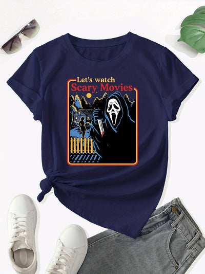 Horrific Halloween Crew Neck T-Shirt: Unleash Your Spooky Side this Halloween with our Casual Short Sleeve T-Shirt for Women