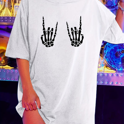 Hand Bone Print Crew Neck T-shirt, Casual Loose Short Sleeve Fashion Summer T-Shirts Tops, Women's Clothing