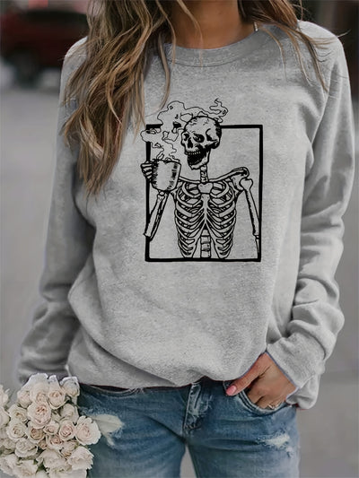 Halloween Skull Drink Graphic Print Sweatshirt, Casual Long Sleeve Crew Neck Sweatshirt, Women's Clothing