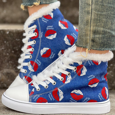 Warm and Comfy: Women's Cartoon Lip Pattern Fuzzy Shoes - Lace-Up, Soft Sole, Winter Plush High-Top Canvas Shoes