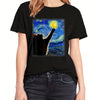 Cat Starry Night Painting Pattern T-Shirt: A Cute and Trendy Crew Neck Top for Spring/Summer Fashion