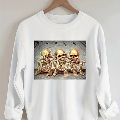 Skull Pattern Plus Size Halloween Sweatshirt: Casual and Stylish Women's Round Neck Long Sleeve Sweatshirt