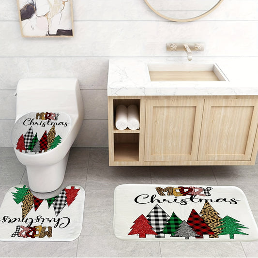 Transform Your Bathroom into a Festive Wonderland with our 4pcs Christmas Tree Shower Curtain Set!