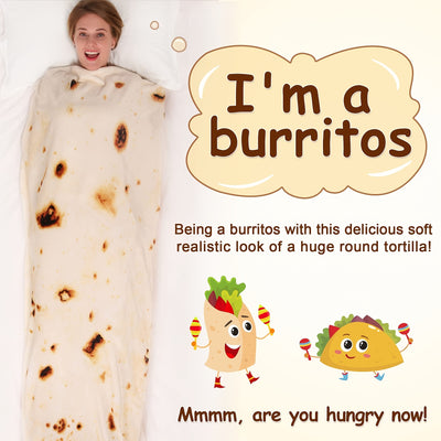 This Burritos Tortillas Blanket is double sided and made with realistic food graphics. Soft and lightweight, it's an ideal way to bring fun and warmth to any room. Enjoy a giant tortilla print and be ready to cuddle up with its funny design.