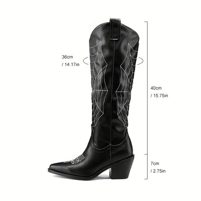 Women's Chunky Heel Spider Web Print Knee-High Boots: Stylish and Comfortable Slip-On Long Boots