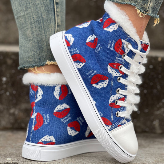 Keep warm and comfy this winter with these plush high-top canvas shoes. Featuring a cartoon lip pattern printed on the fuzzy upper, these shoes provide superior comfort thanks to their soft sole and secure lace-up closure. Enjoy a stylish look with ultimate comfort!