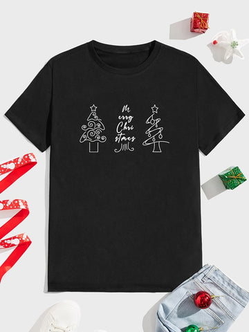 Stylish and Festive: Men's Casual Loose Black Crew Neck T-shirt with Christmas Tree Print for Christmas Party