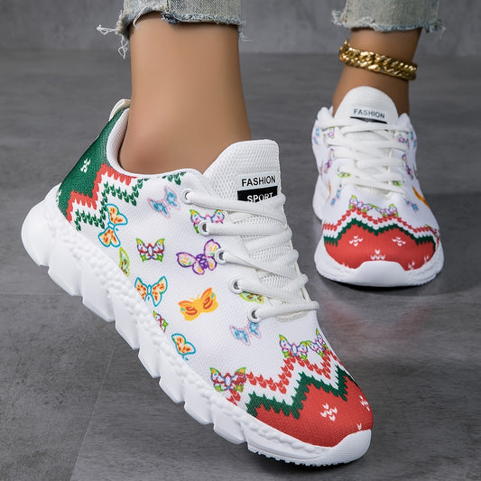 Make a joyful style statement with these festive cartoon print sneakers. Crafted with a blend of lightweight materials, these shoes are designed for comfort and breathability, while the playful holiday-inspired print adds a touch of whimsical flair. Perfect for keeping your wardrobe merry all season.