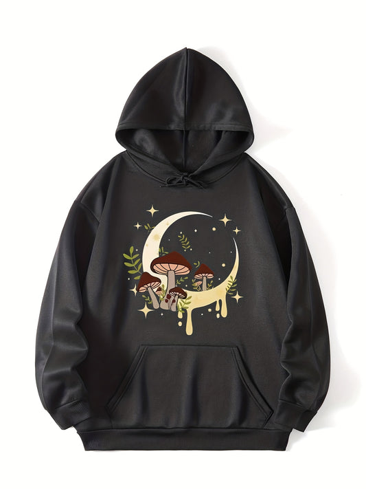 This warm and comfortable sweatshirt is perfect for any season. Crafted with ultra-soft cotton blend material, this hooded sweatshirt is as stylish as it is cozy. The unique moon mushroom print creates a look that is sure to stand out in any crowd. Pockets give you a place to store essentials while on the go. Plus size available.